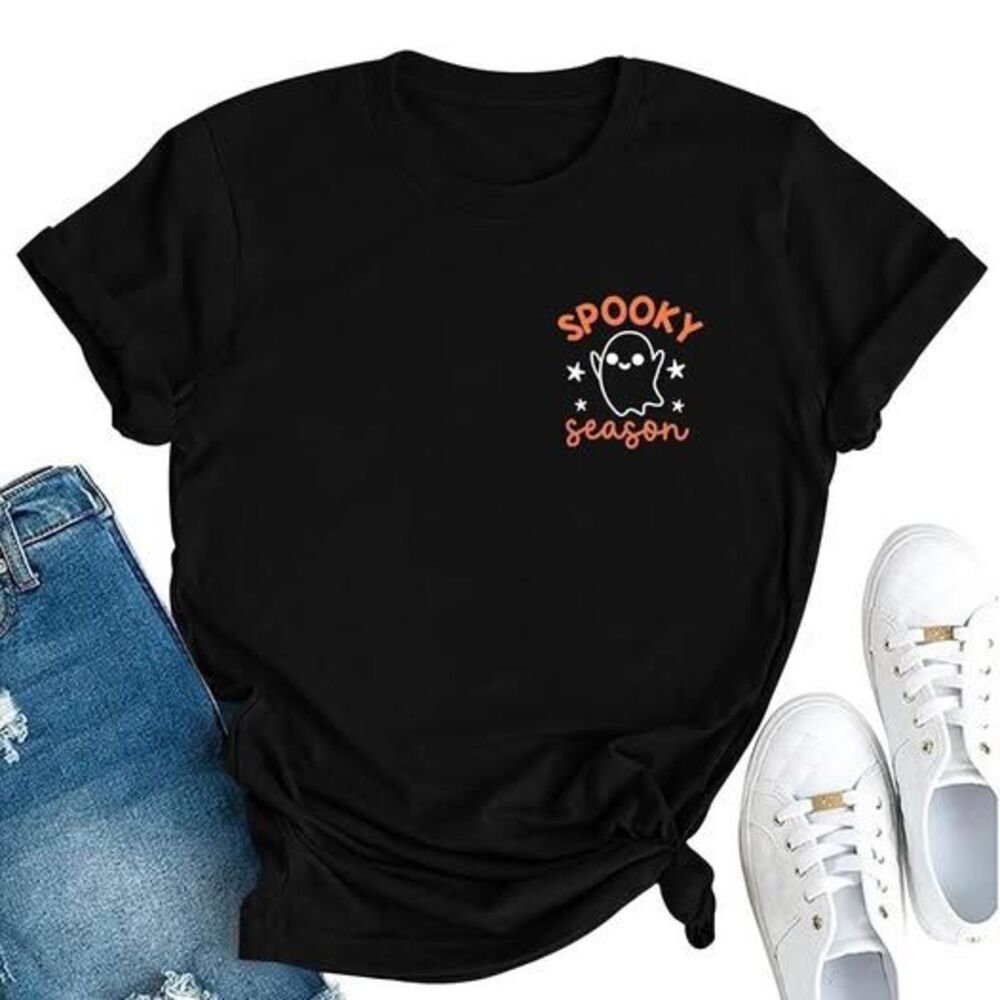 Women's Spooky Season Halloween Ghost Graphic T-Shirt Black Size XL